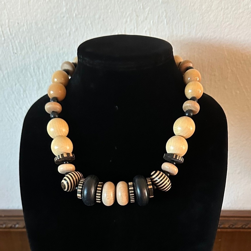 Chunky Wooden Bead‎ Statement Necklace Natural Black Striped Boho Tribal 18 Inch